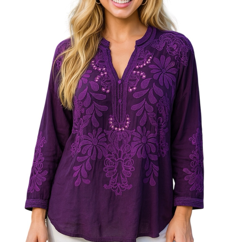 Johnny Was Deep Purple Floral Embroidered V-Neck Blouse